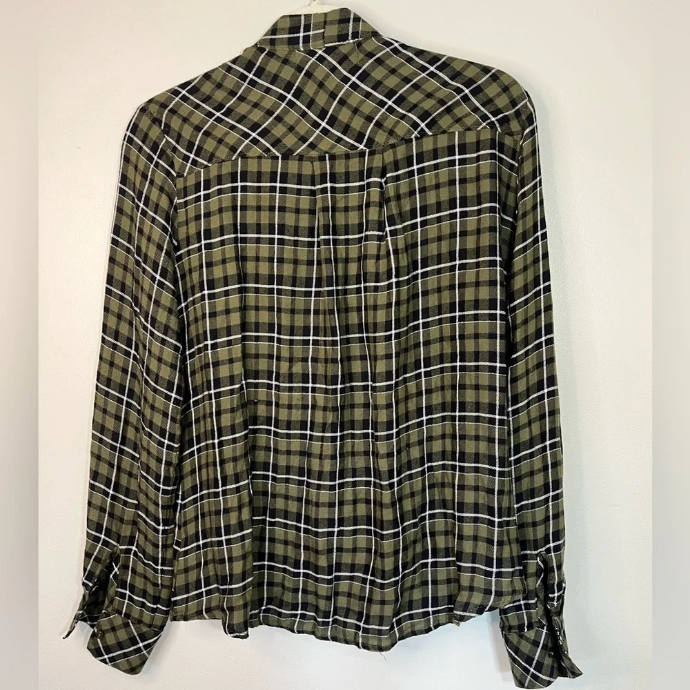 Anthropologie Cloth and Stone Olive Plaid Women's Wrap Fall Top Blouse Size M